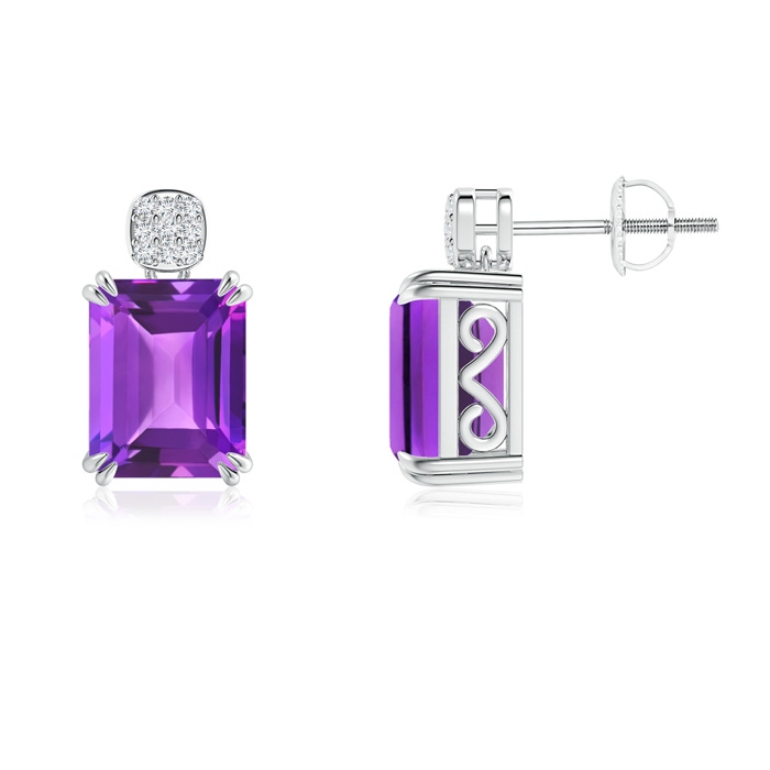 9x7mm AAA Emerald-Cut Amethyst Cocktail Earrings with Diamond Clustre in White Gold 