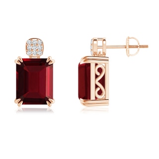 10x8mm AAA Emerald-Cut Garnet Cocktail Earrings with Diamond Clustre in Rose Gold