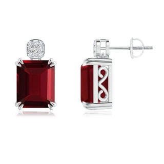 10x8mm AAA Emerald-Cut Garnet Cocktail Earrings with Diamond Clustre in White Gold