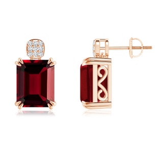 10x8mm AAAA Emerald-Cut Garnet Cocktail Earrings with Diamond Clustre in Rose Gold