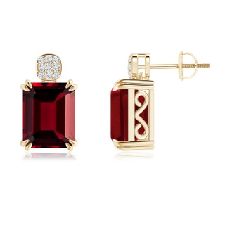 10x8mm AAAA Emerald-Cut Garnet Cocktail Earrings with Diamond Clustre in Yellow Gold