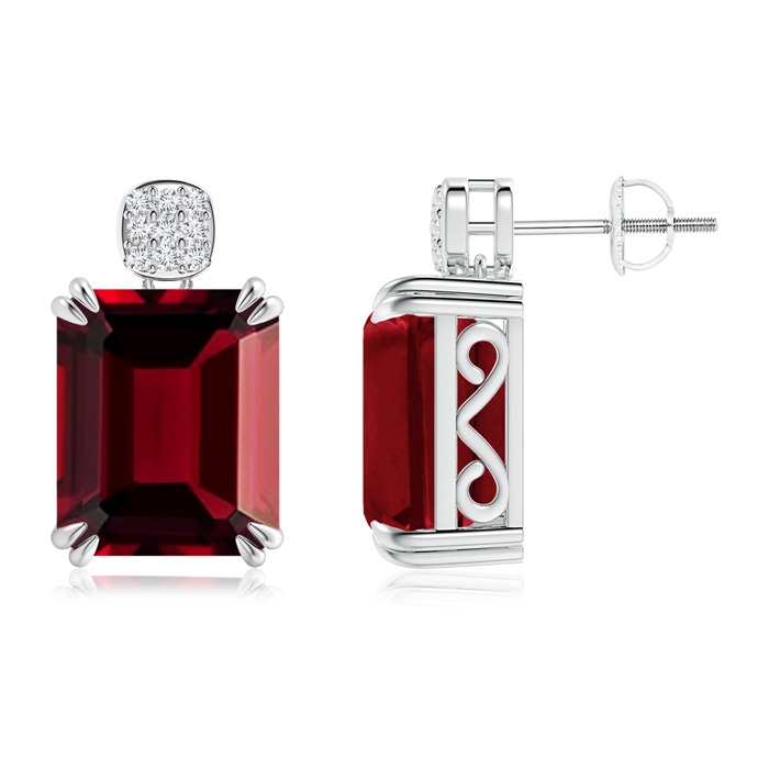 12x10mm AAAA Emerald-Cut Garnet Cocktail Earrings with Diamond Clustre in White Gold