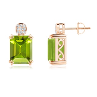 10x8mm AAA Emerald-Cut Peridot Cocktail Earrings with Diamond Clustre in Rose Gold