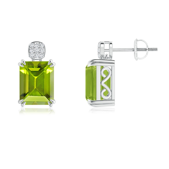 9x7mm AAA Emerald-Cut Peridot Cocktail Earrings with Diamond Clustre in White Gold