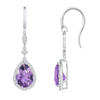 10x7mm A Pear-Shaped Amethyst Drop Earrings with Diamond Halo in White Gold