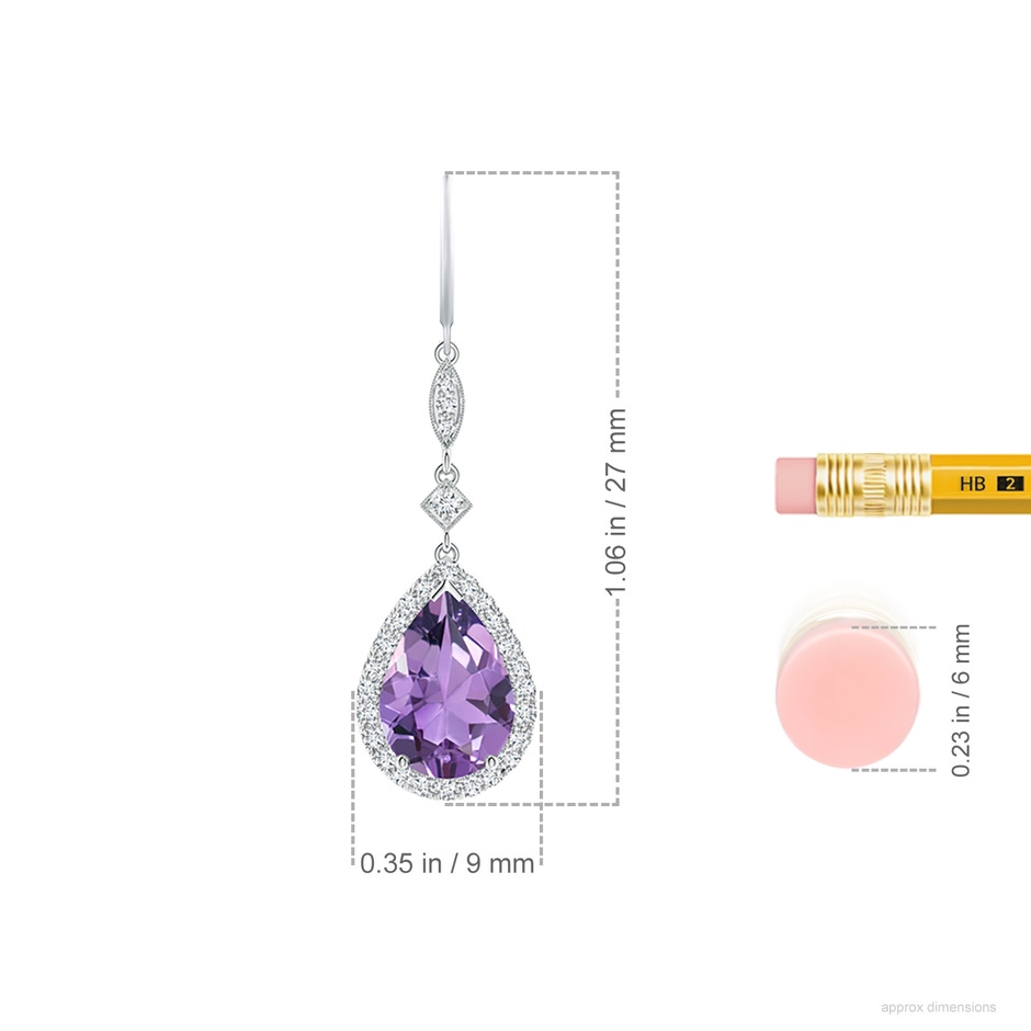 10x7mm A Pear-Shaped Amethyst Drop Earrings with Diamond Halo in White Gold ruler