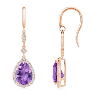 10x7mm AA Pear-Shaped Amethyst Drop Earrings with Diamond Halo in Rose Gold