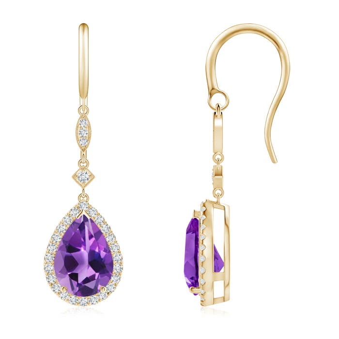 10x7mm AAA Pear-Shaped Amethyst Drop Earrings with Diamond Halo in 18CT Yellow Gold
