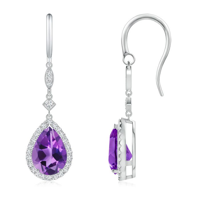 10x7mm AAA Pear-Shaped Amethyst Drop Earrings with Diamond Halo in P950 Platinum