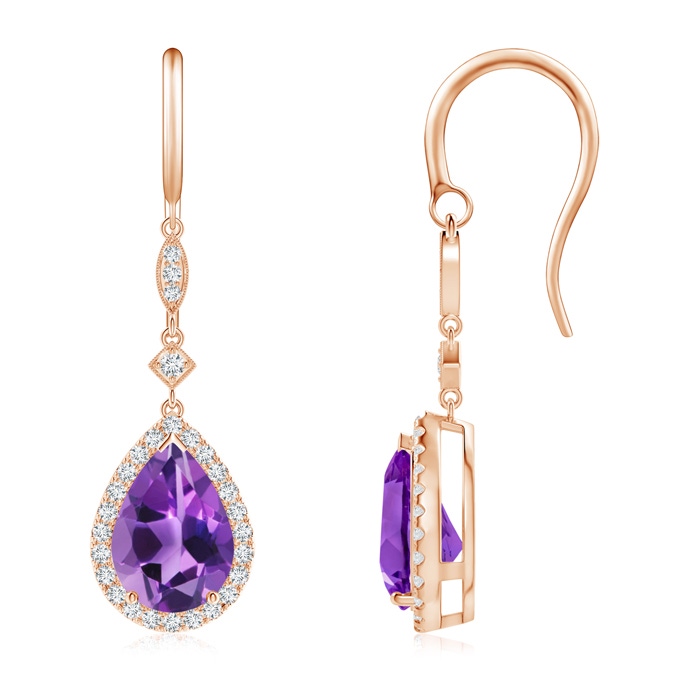 10x7mm AAA Pear-Shaped Amethyst Drop Earrings with Diamond Halo in Rose Gold