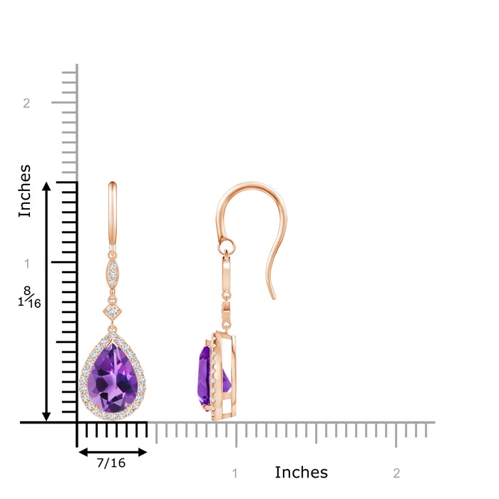 10x7mm AAA Pear-Shaped Amethyst Drop Earrings with Diamond Halo in Rose Gold ruler