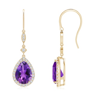 10x7mm AAAA Pear-Shaped Amethyst Drop Earrings with Diamond Halo in 9K Yellow Gold