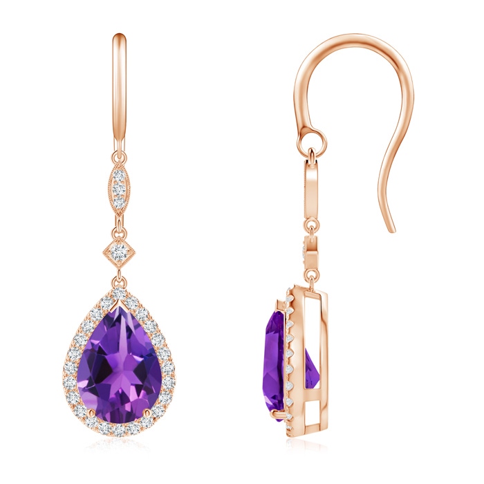 10x7mm AAAA Pear-Shaped Amethyst Drop Earrings with Diamond Halo in Rose Gold