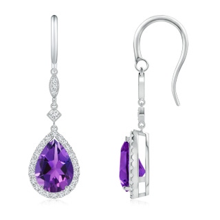 10x7mm AAAA Pear-Shaped Amethyst Drop Earrings with Diamond Halo in White Gold