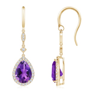 10x7mm AAAA Pear-Shaped Amethyst Drop Earrings with Diamond Halo in Yellow Gold