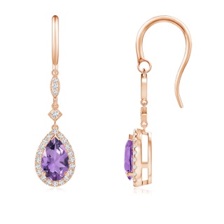 8x5mm A Pear-Shaped Amethyst Drop Earrings with Diamond Halo in 10K Rose Gold