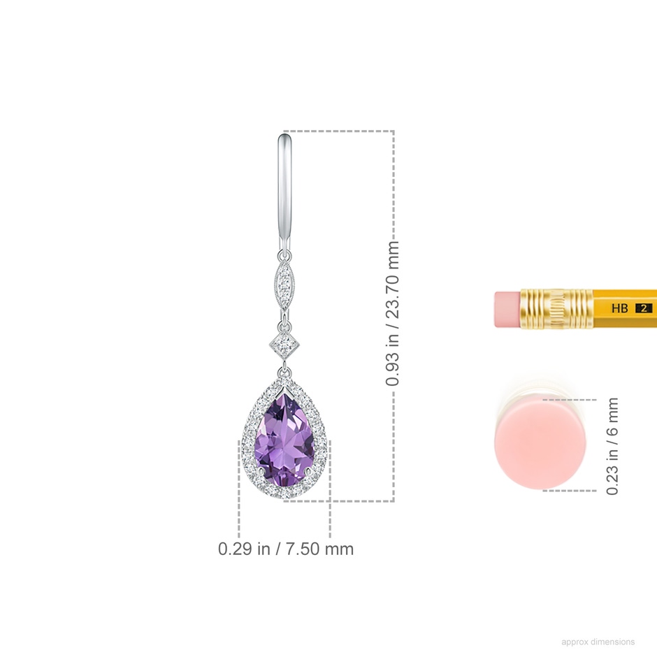 8x5mm A Pear-Shaped Amethyst Drop Earrings with Diamond Halo in White Gold ruler