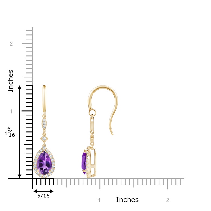 8x5mm AAA Pear-Shaped Amethyst Drop Earrings with Diamond Halo in Yellow Gold ruler