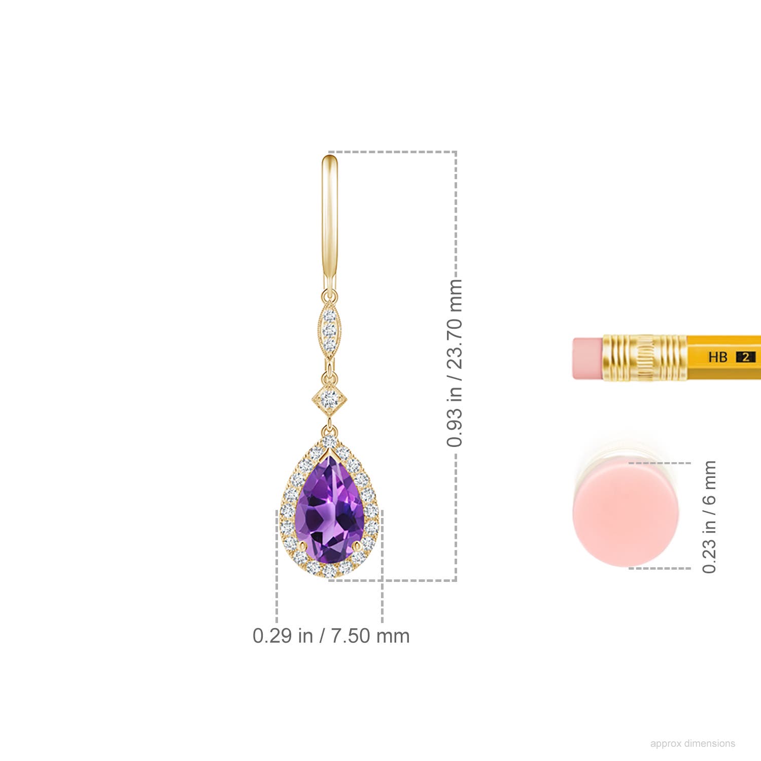 8x5mm AAA Pear-Shaped Amethyst Drop Earrings with Diamond Halo in Yellow Gold - ruler