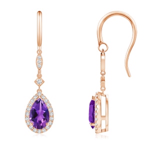 8x5mm AAAA Pear-Shaped Amethyst Drop Earrings with Diamond Halo in 10K Rose Gold