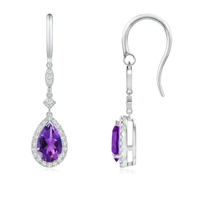 8x5mm AAAA Pear-Shaped Amethyst Drop Earrings with Diamond Halo in 18K White Gold