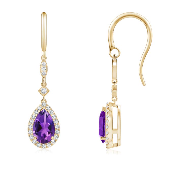 8x5mm AAAA Pear-Shaped Amethyst Drop Earrings with Diamond Halo in 18K Yellow Gold