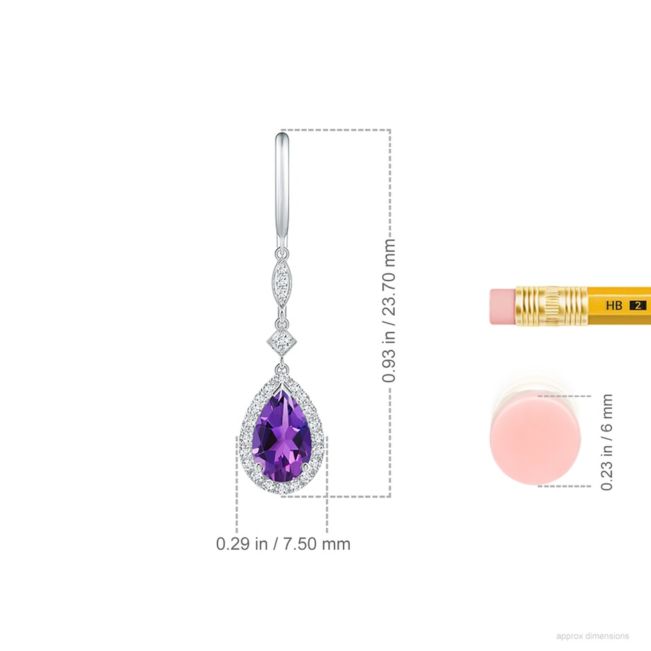 8x5mm AAAA Pear-Shaped Amethyst Drop Earrings with Diamond Halo in White Gold ruler