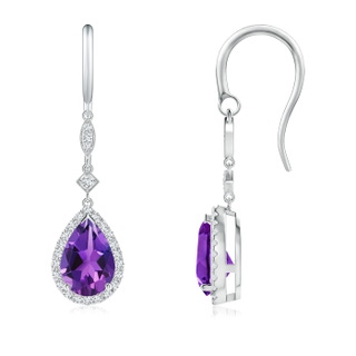 9x6mm AAAA Pear-Shaped Amethyst Drop Earrings with Diamond Halo in P950 Platinum