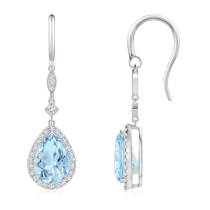 10x7mm AAA Pear-Shaped Aquamarine Drop Earrings with Diamond Halo in 18CT White Gold