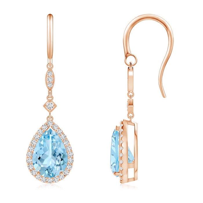 10x7mm AAAA Pear-Shaped Aquamarine Drop Earrings with Diamond Halo in Rose Gold 