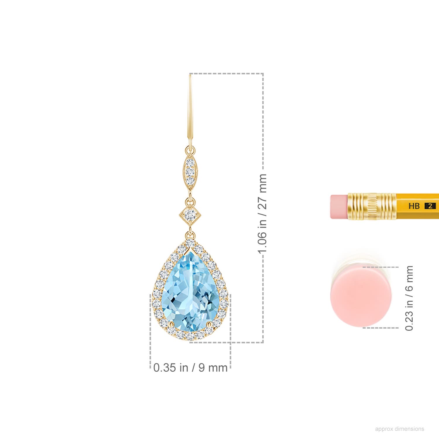 10x7mm AAAA Pear-Shaped Aquamarine Drop Earrings with Diamond Halo in Yellow Gold - ruler