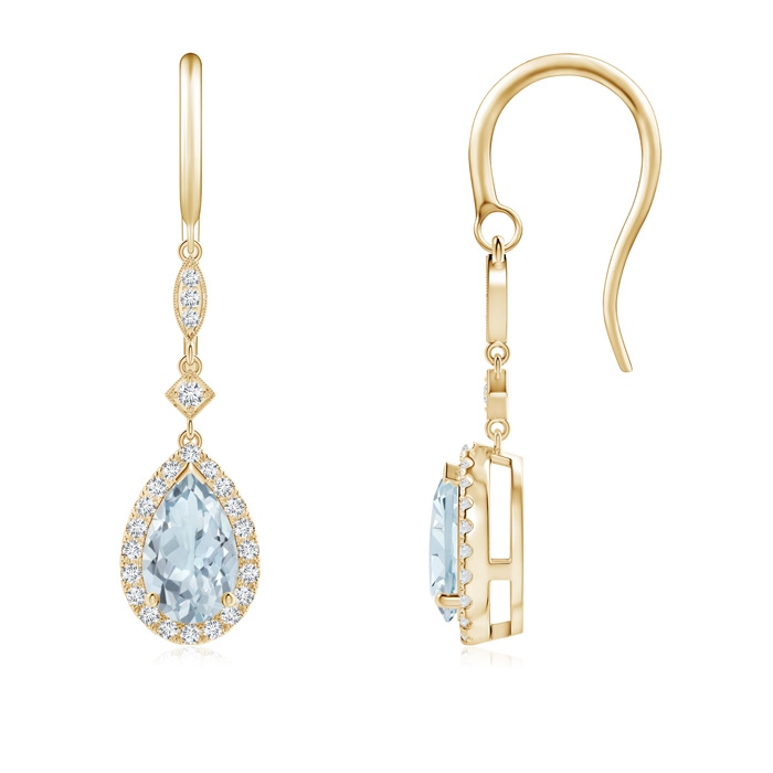 8x5mm A Pear-Shaped Aquamarine Drop Earrings with Diamond Halo in Yellow Gold 