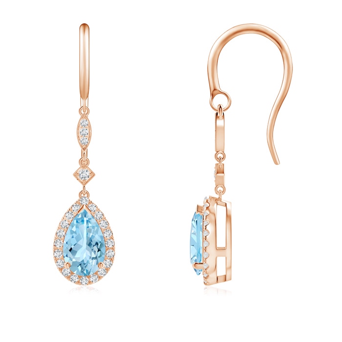 8x5mm AAAA Pear-Shaped Aquamarine Drop Earrings with Diamond Halo in Rose Gold 