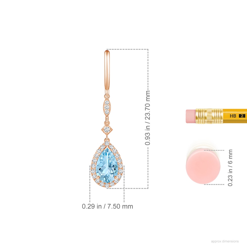 8x5mm AAAA Pear-Shaped Aquamarine Drop Earrings with Diamond Halo in Rose Gold ruler