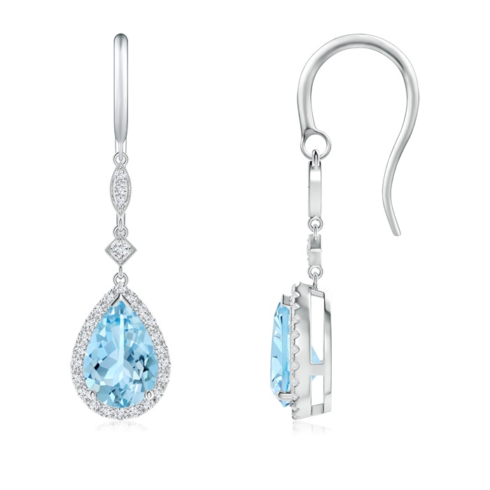 9x6mm AAAA Pear-Shaped Aquamarine Drop Earrings with Diamond Halo in P950 Platinum 