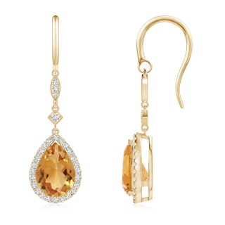 10x7mm A Pear-Shaped Citrine Drop Earrings with Diamond Halo in Yellow Gold