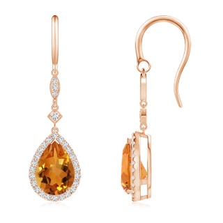10x7mm AAA Pear-Shaped Citrine Drop Earrings with Diamond Halo in Rose Gold