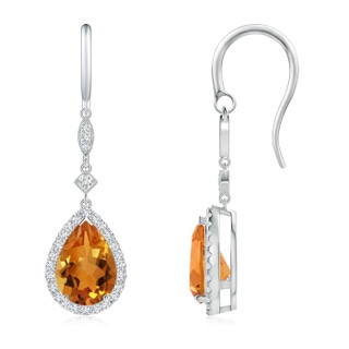 10x7mm AAA Pear-Shaped Citrine Drop Earrings with Diamond Halo in White Gold