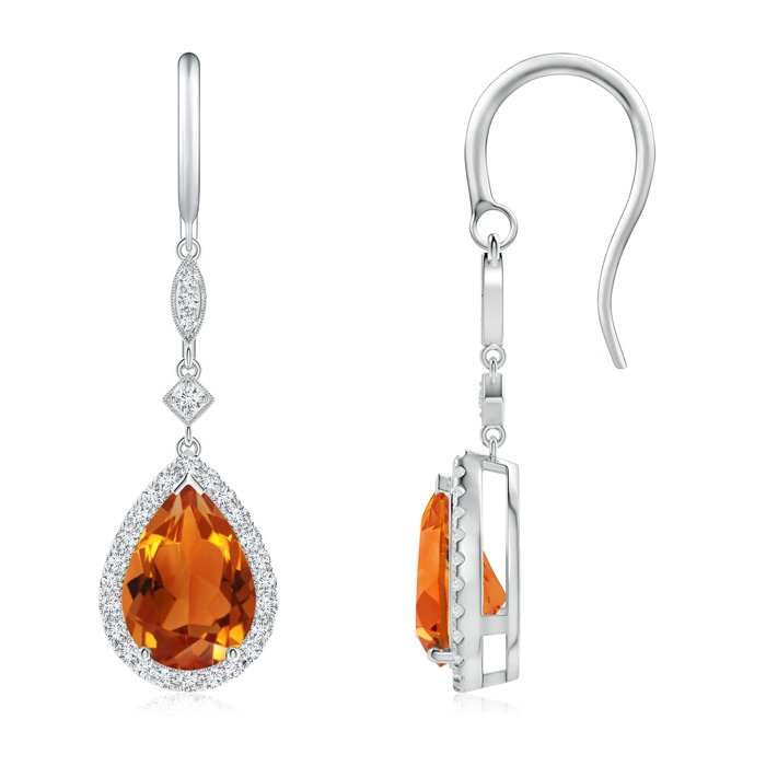 10x7mm AAAA Pear-Shaped Citrine Drop Earrings with Diamond Halo in P950 Platinum