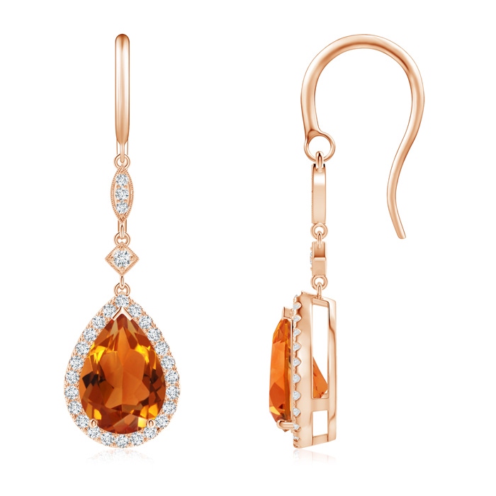 10x7mm AAAA Pear-Shaped Citrine Drop Earrings with Diamond Halo in Rose Gold