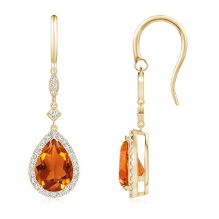 10x7mm AAAA Pear-Shaped Citrine Drop Earrings with Diamond Halo in Yellow Gold