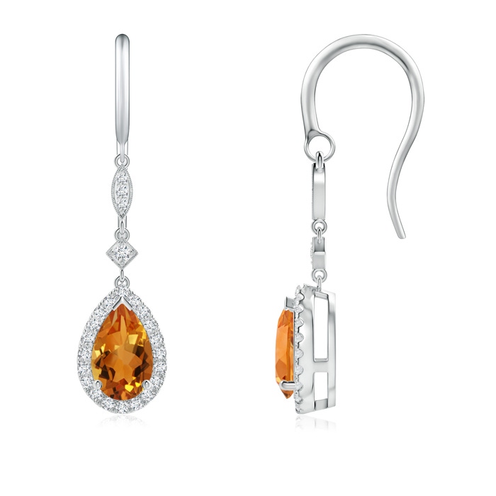 8x5mm AAA Pear-Shaped Citrine Drop Earrings with Diamond Halo in White Gold