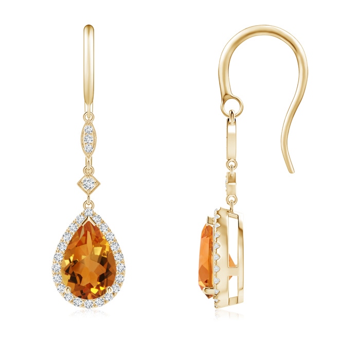 9x6mm AAA Pear-Shaped Citrine Drop Earrings with Diamond Halo in Yellow Gold 