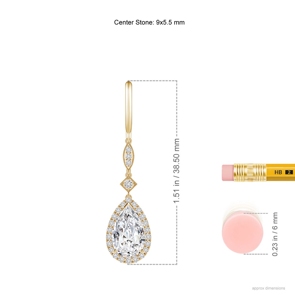 9x5.5mm HSI2 Pear-Shaped Diamond Halo Dangle Earrings in Yellow Gold ruler