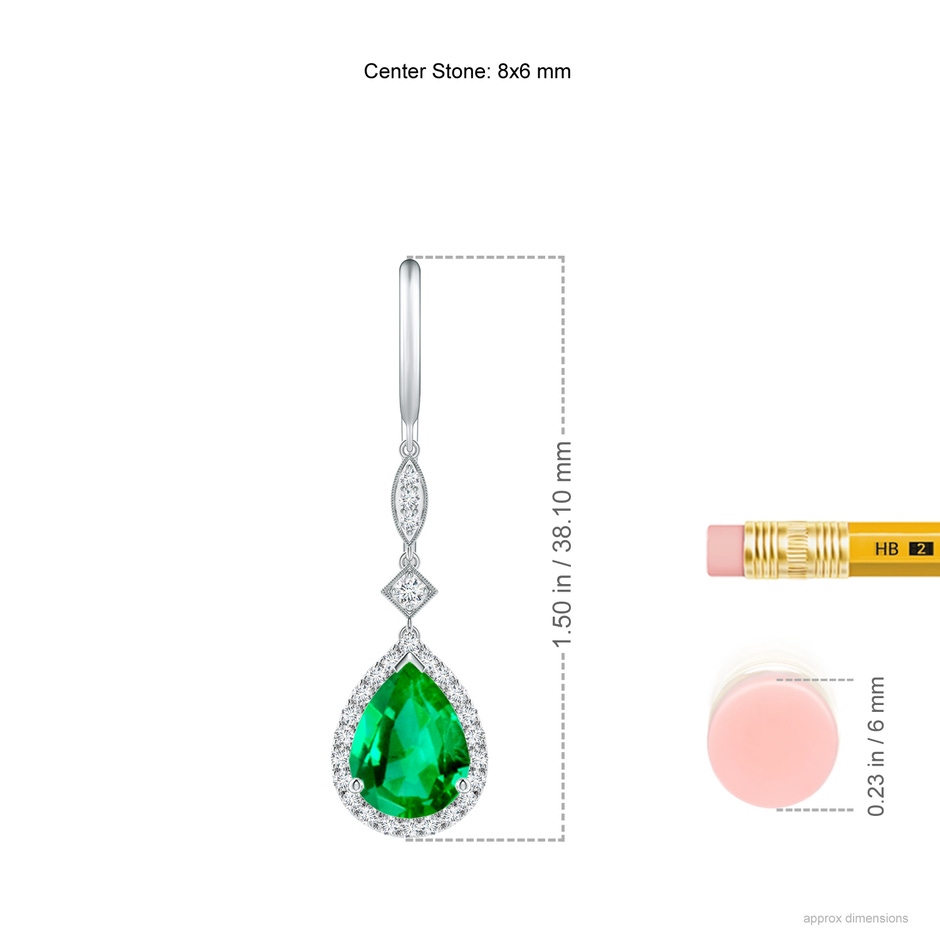 8x6mm AAA Pear-Shaped Emerald Halo Dangle Earrings in White Gold ruler