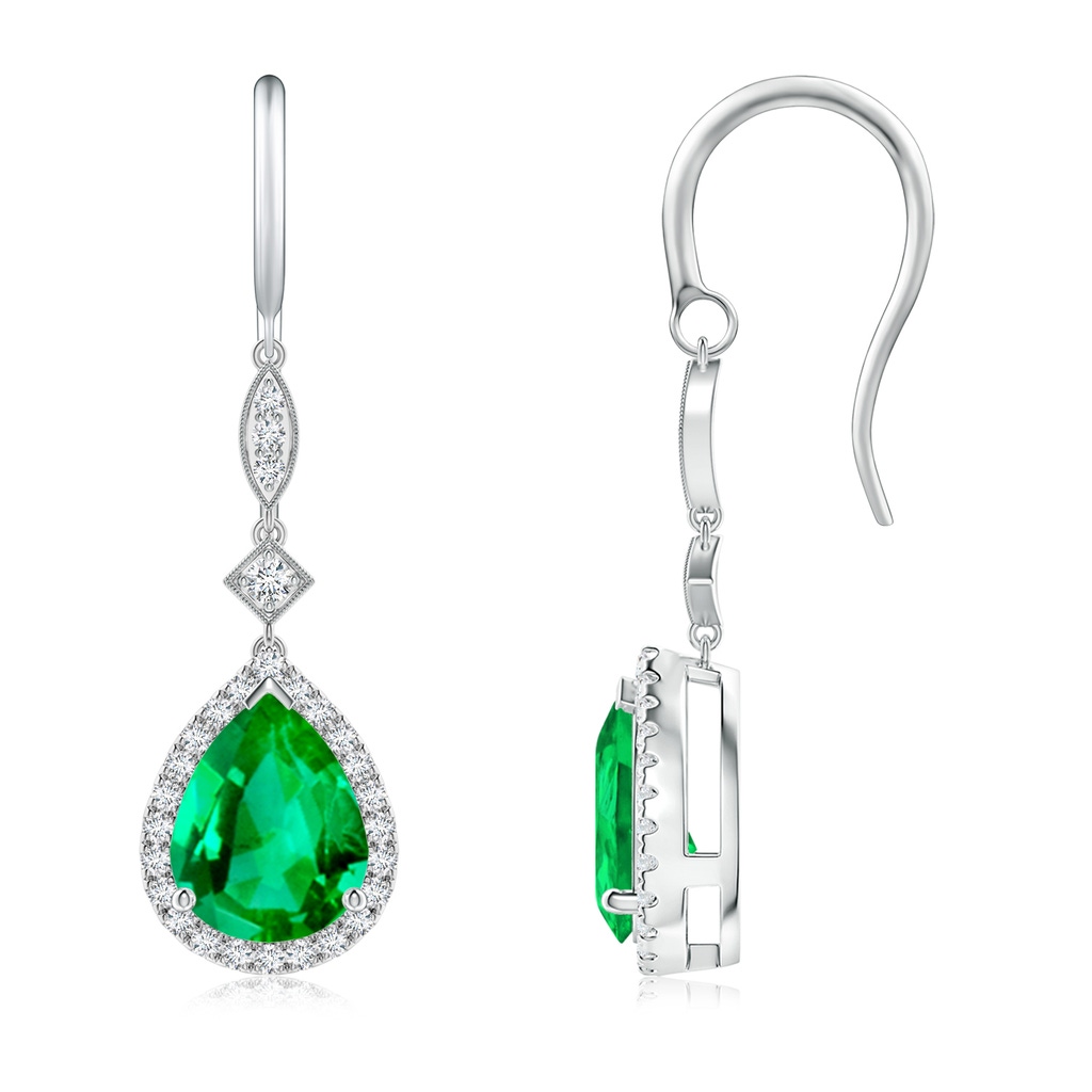 9x7mm AAA Pear-Shaped Emerald Halo Dangle Earrings in White Gold