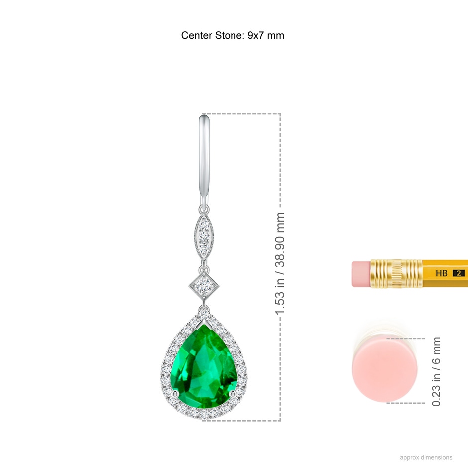 9x7mm AAA Pear-Shaped Emerald Halo Dangle Earrings in White Gold ruler