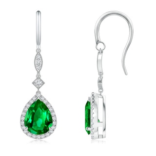 9x7mm AAAA Pear-Shaped Emerald Halo Dangle Earrings in P950 Platinum