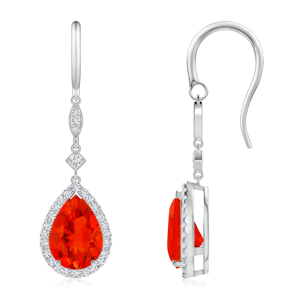 10x7mm AAAA Pear-Shaped Fire Opal Drop Earrings with Diamond Halo in P950 Platinum