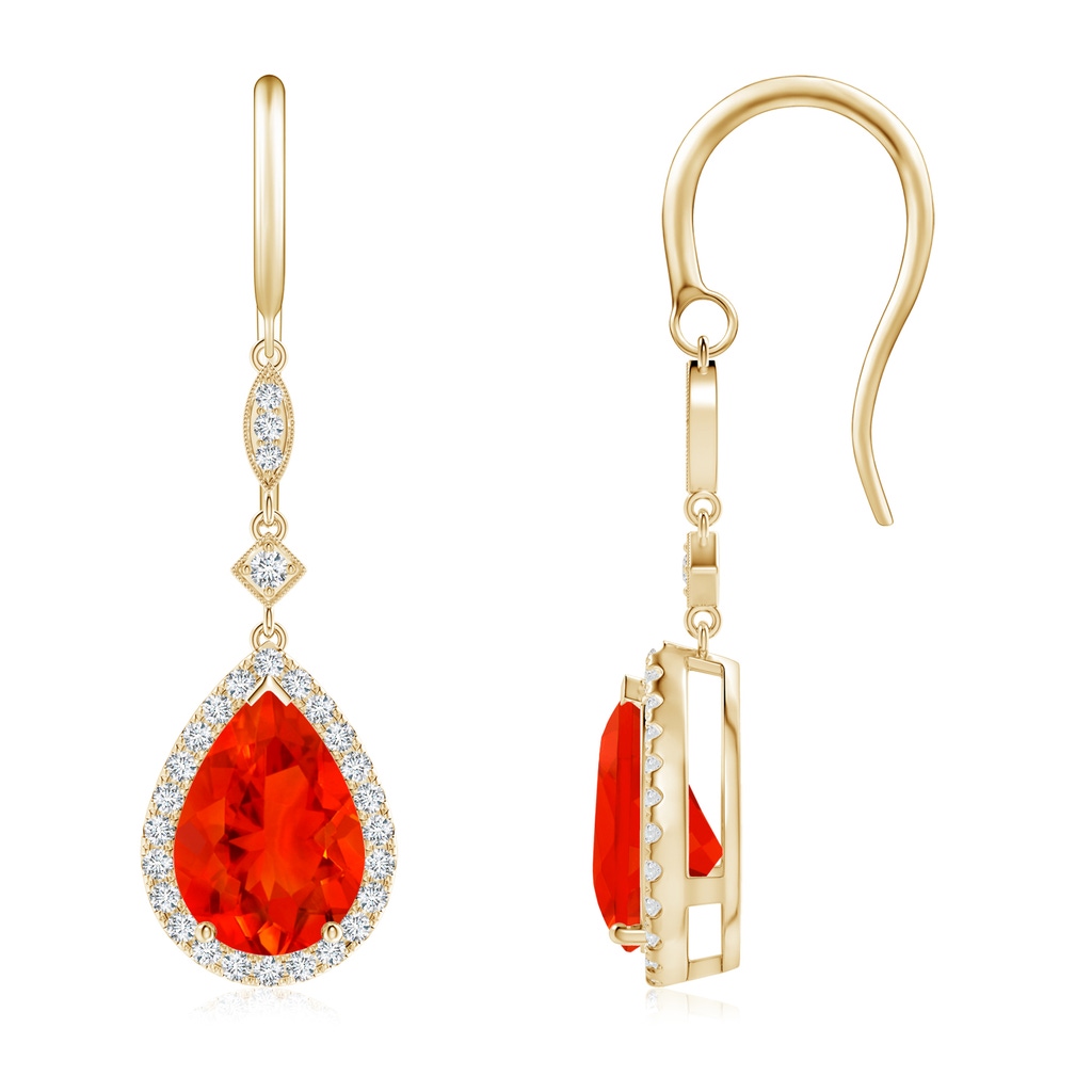 10x7mm AAAA Pear-Shaped Fire Opal Drop Earrings with Diamond Halo in Yellow Gold